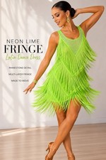 Neon Lime Green Latin Ballroom Salsa Fringe Dance Dress Rhinestone S/M picture