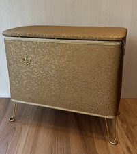 Vintage Atomic Gold Damask Vinyl Laundry Hamper-Mid-Century Modern 25.5x22x12.5