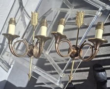 Pair 19thc French Empire Neoclassic Gold Bronze Horn & Arrow Detail Wall Sconces picture