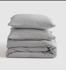 Quince Organic Luxe Honey Comb Duvet Cover Set Full/Queen Light Gray w/ Shams picture