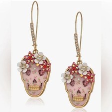 New Betsy Johnson Floral Pink Skull Earrings picture