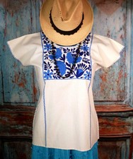 Huipil Tunic Top Hand Embroidered Blue Flowers Cotton Manta Oaxaca Mexican Folk picture