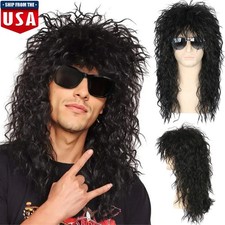 Men’s 80s Black Mullet Wigs Punk Heavy Metal Long Curly Rocker Male Hair Wig USA picture