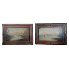 Pair 19thC Adirondack Landscape Paintings Oil Panel Signed W F Lovejoy Walnut picture