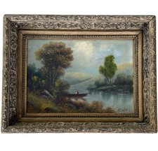 Antique Signed H.J. Witt Oil Painting Mountain Lake Fisherman Ornate Frame c1900 picture