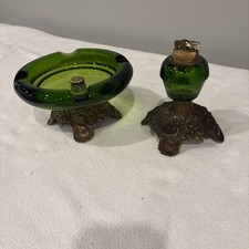 VTG L&L  Glass  w-Brass Pedestal Ashtray and Table Lighter Set picture