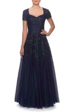 La Femme Navy Blue Embellished Sparkle Tulle A-Line Gown Size 6 $535 picture