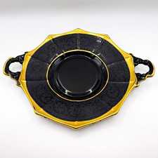 Antique Fostoria Black Glass Serving  Cake Platter wGold Trim & Fern Etching picture