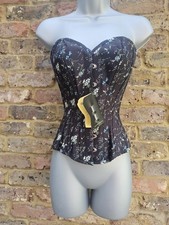 Corset Story Black Ditsy Floral Hip Gores Steel Boned Corset Top Size 20