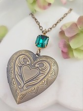 Large Bronze Photo Heart Locket Necklace made with Vintage Swarovski Crystal picture