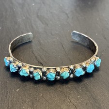Zuni Shaped-Turquoise Row Older Sterling Silver Cuff Bracelet Vintage 6.7” picture
