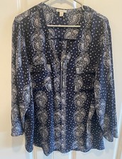 CATO Blue White Paisley Quarter Zip Rolled Tab Relaxed Popover Blouse sz 22/24W picture