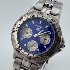 Fossil Quartz Watch Unisex 100m Silver Blue Steel Rotating Bezel New Battery 8