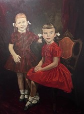 VTG Oil Painting Portrait 2 Girls Sisters 