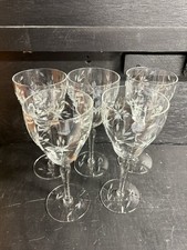 5 Elegant MCM 8” Stemmed Clear Etched Glass Wine/Water Goblets Floral Design picture