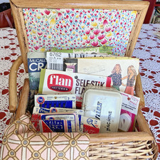 VINTAGE SEWING BASKET  bundle Of Patterns , Bobbins, Sewing Tin,Snaps & More picture