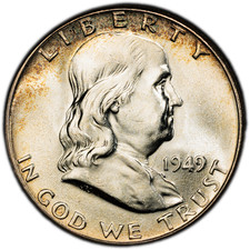 1949-P PCGS MS64 FBL Franklin Half | Pretty Colorful Rim Toning | Superb Luster picture