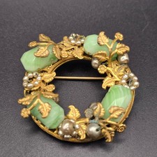 Rare Vintage JOSEF MORTON Signed Russian Gold Wreath Brooch Green Glass Pearls picture