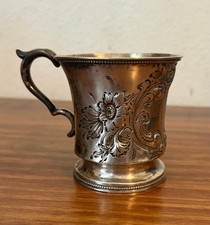 Antique 19th c American Coin Silver Repousse Engraved Christening Mug c 1840s picture