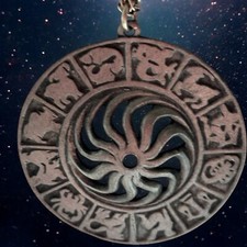 Vintage 12 Zodiac Signs Celestial Sun Necklace Pewter Astrology Myth 28” L20 picture