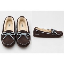 L.L.Bean Hearthside Suede Sherpa Lined Moccasin Slippers Women's 8M Brown picture