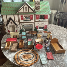 Vintage Rich Tudor Masonite Dollhouse 1940's with Doll & Furniture *NOTE picture