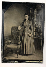 Antique Tintype Photo Pretty Young Victorian Woman Girl Lady Dress Long Hair picture