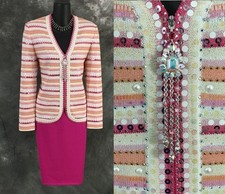 BEAUTIFUL st john evening knit pink pearl rhinestones embellished skirt suit 4 6 picture