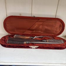 LANDERS FRARY CLARK ANTIQUE  STAG HORN CARVING REPOUSSE KNIFE SET VELVET BOX picture