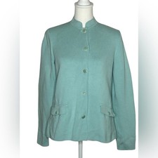 EUC Talbots Light Aqua Blue Cardigan Band collar flap pockets sz Med cottagecore picture