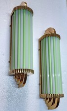 Pair Vintage Art Deco Brass Milk & Green Glass Rod Ship Light Wall Sconces Lamp picture