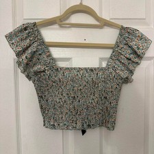 Lulus Floral Smocked Crop Top Ruffle Sleeve Boho Peasant Green Multi Womens M picture
