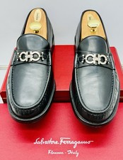 Ferragamo Men's Loafers Black 12 EE Wide Silver Gancini Horse Bit Lug Soles picture