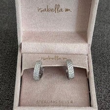New Isabella M 925 Sterling Silver Pave Crystal Huggie Hoop Earrings Sparkly picture