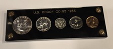 1955 US Mint 90% Silver Proof 5 Coin Set in Vintage Black Capital Holder picture