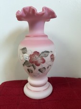 Vtg Fenton Rosalene Satin Floral Ruffled Rim Hand-Painted Vase Signed EUC 8.5 in picture