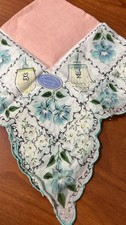 LuRay Handkerchief Pink Blue Flowers Bird Cage Scalloped Edge 14