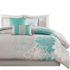 7-Piece Cotton Sateen Printed Comforter Set in Aqua Blue picture