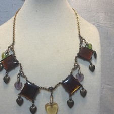 Glass Works Studio Necklace Brass Glass Hearts Multi Colors Vintage 18