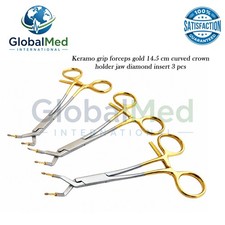 Keramo Grip Forceps Gold 14.5 cm Curved Crown Holder Jaw Diamond Insert 3 Pcs picture