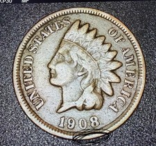 1908  Indian Head Cent Penny, Key Date, VF Condition Broad Strike Error picture