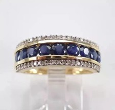 2.50 Ct Round Cut Natural Sapphire & Diamond Wedding Ring 14K Yellow Gold picture