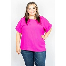 ENTRO Scooped Neck Top with Rolled Sleeves Hot Pink NEW Size 1X picture