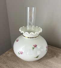 Pristine Vintage 7” Student Lamp Shade Pink Rosebud Milk Glass Gold w/ Chimney picture