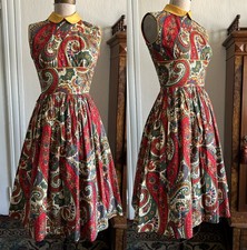 Vintage 1950s Dress, Cotton Paisley Red & Yellow Fit and Flare, Small Peter Pan picture
