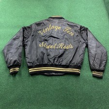 Vintage 60S Chain Stitch Car Club Satin Jacket Mens XL Black 70S Bomber Coat USA picture