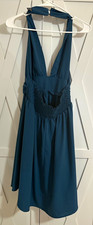 SHEIN Women’s Blue Solid Sheath Knee Dress Sleeveless V-Neck Backless Tie L picture