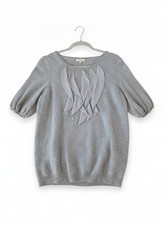 EUC Ann Taylor Gray Short Sleeve Ruffle Front Sweater Top picture