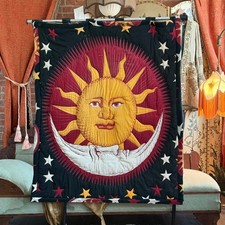 VTG 90s Whimsigoth Celestial Sun Moon Quilted Wall Hanging Tapestry 3D 43x54 Rod picture