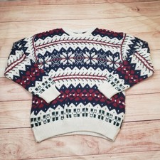 Vintage GreatLand Sweater Mens L Red White Fair Isle Snowflake Cotton Crewneck picture